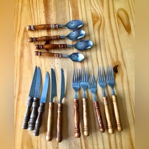 Vtg 13 Piece Set Wooden Handle Old Homestead Silverware Boho Table Set